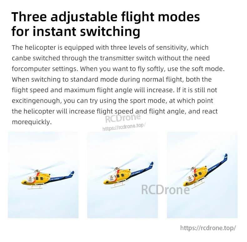 Flywing Bell-412 Scale RC Helicopter, Flywing Bell-412 offers three adjustable flight modes—soft, standard, sport—for easy in-flight switching, suiting all skill levels with no programming needed.