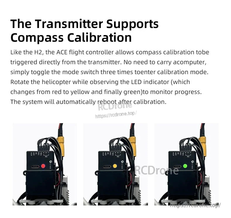 Flywing Bell-412 Scale RC Helicopter, Toggle mode switch three times to start compass calibration. Rotate helicopter; LED changes from red to yellow to green. System reboots automatically when complete.