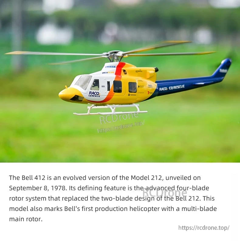 Flywing Bell-412 Scale RC Helicopter, Yellow and blue Flywing Bell-412 RC helicopter features a four-blade rotor system, evolved from Bell’s Model 212, with RACQ CQ Rescue livery.