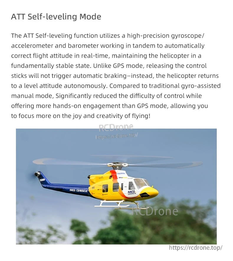 Flywing Bell-412 Scale RC Helicopter, ATT Self-leveling Mode uses sensors for real-time stabilization without GPS, offering easier control than manual and more engagement than GPS mode, enhancing flight enjoyment.
