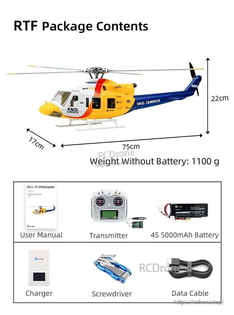 Flywing Bell-412 Scale RC Helicopter, Flywing Bell-412 RC helicopter, 75cm long, 1100g (no battery), includes transmitter, 4S 5000mAh battery, charger, tools, and manual.