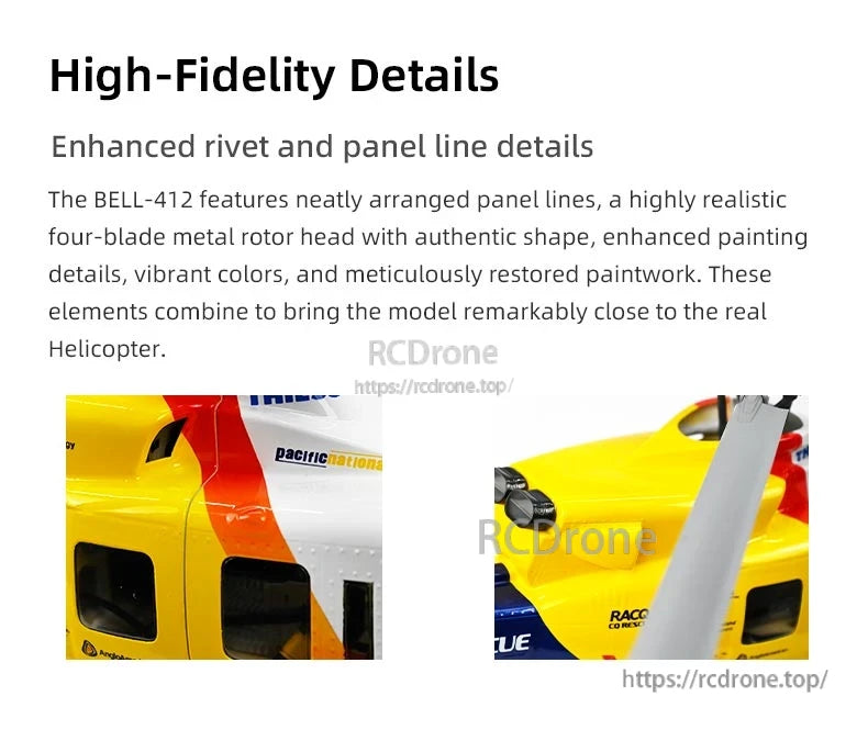 Flywing Bell-412 Scale RC Helicopter, Bell-412 RC helicopter features detailed rivets, panel lines, realistic rotor head, vibrant colors, restored paint, Pacific Nations and RACO branding for high-fidelity realism and performance.