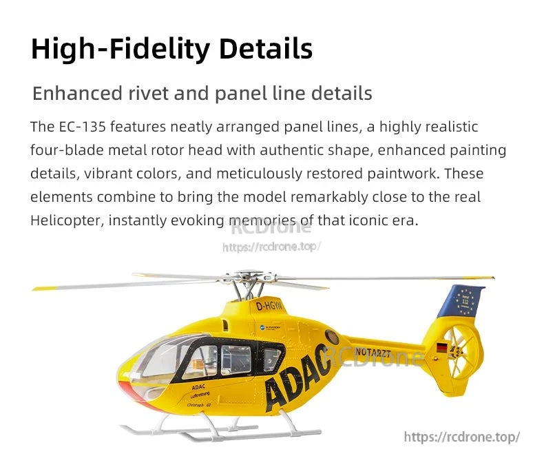 Flywing EC‑135 Scale RC Helicopter, This EC-135 RC helicopter features realistic details, authentic livery, and precise design, accurately capturing the iconic air rescue aesthetic for collectors and enthusiasts.