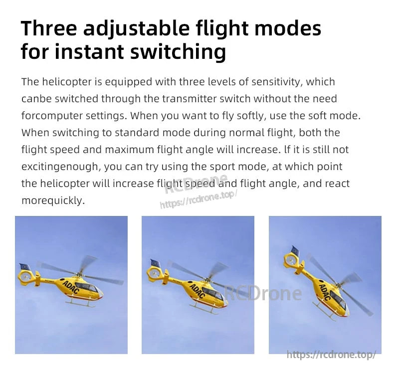 Flywing EC‑135 Scale RC Helicopter, Three flight modes—soft, standard, sport—offer adjustable speed and responsiveness; yellow ADAC-branded helicopter shown mid-flight in clear sky. (24 words)