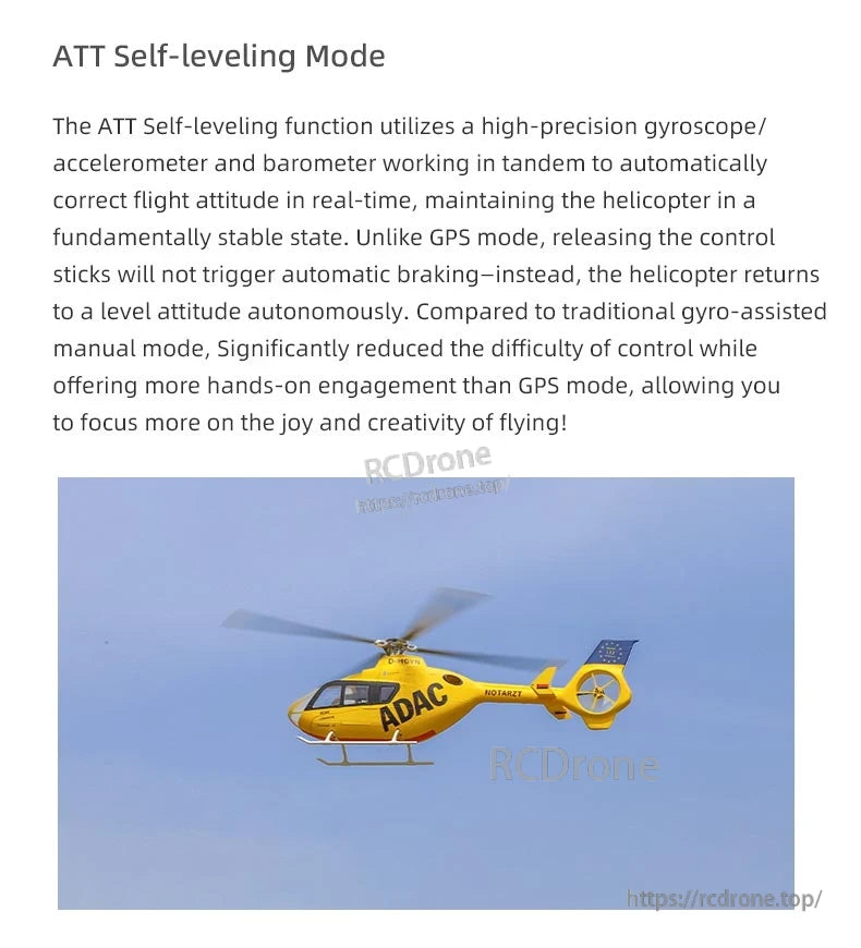 Flywing EC‑135 Scale RC Helicopter, ATT Self-leveling Mode uses sensors for real-time stabilization, automatically levels the helicopter when controls are released, offering balanced control between manual and GPS modes.