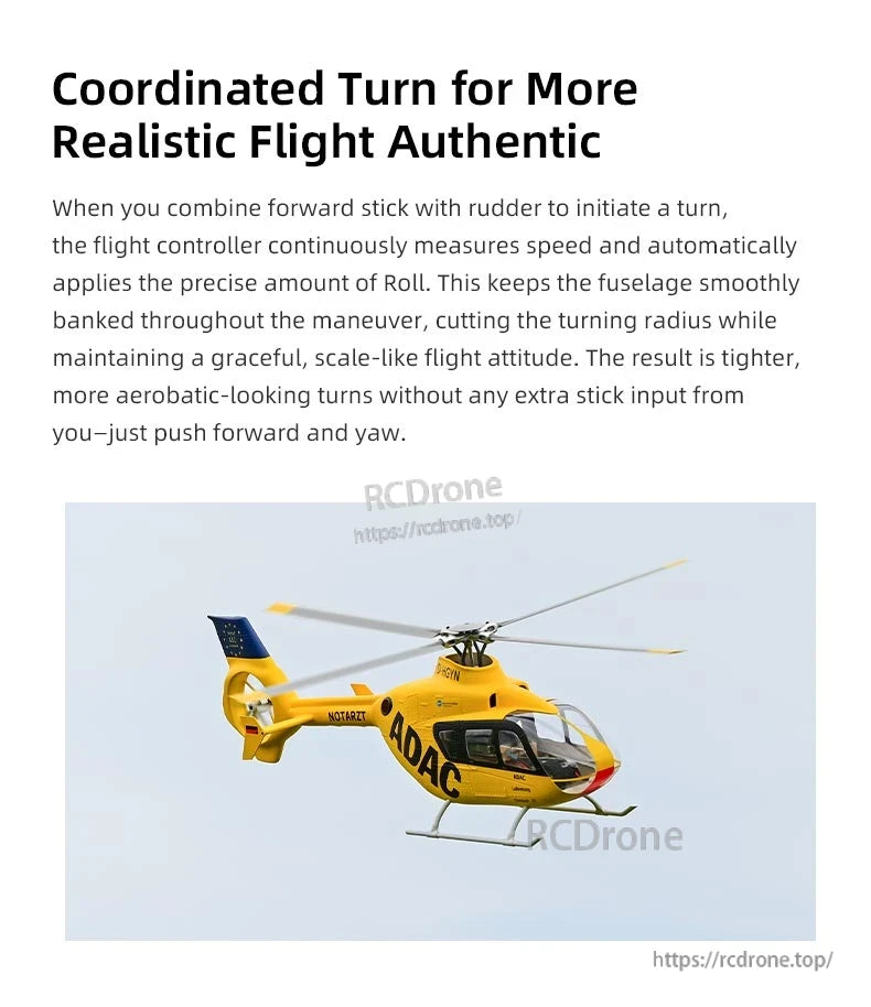 Flywing EC‑135 Scale RC Helicopter, The coordinated turn feature enables smooth, aerobatic flight by combining forward stick and yaw, automatically adjusting roll. The yellow helicopter features ADAC branding.
