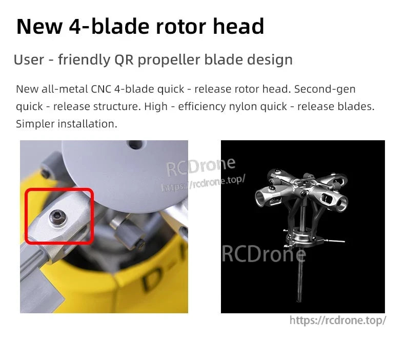 Flywing EC‑135 Scale RC Helicopter, New 4-blade rotor head features quick-release props, all-metal CNC build, efficient nylon blades, and easy installation.