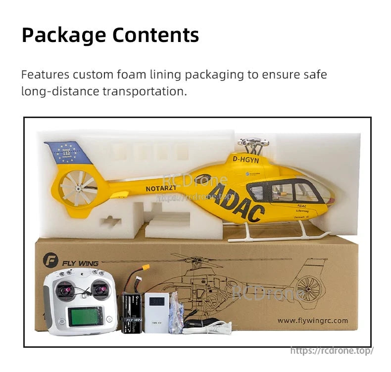 Flywing EC‑135 Scale RC Helicopter, Flywing EC-135 RC helicopter includes remote, battery, charger, and custom foam packaging for safe transport and storage.