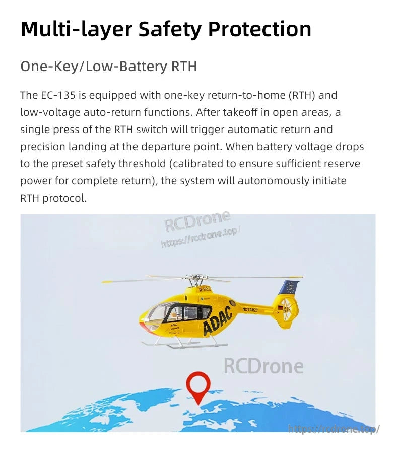 Flywing EC‑135 Scale RC Helicopter, The ADAC-branded Yellow RC helicopter features intelligent safety systems like one-key return-to-home and low-battery auto-return, ensuring reliable, precise landings and peace of mind for outdoor hobbyists.