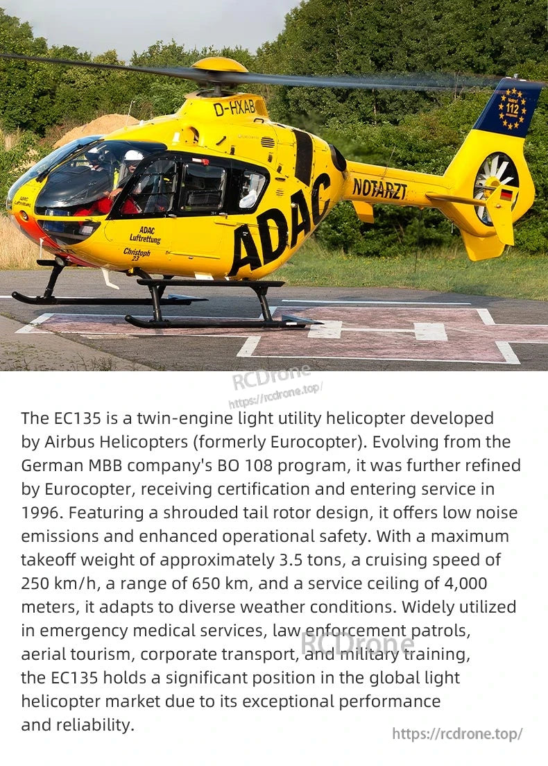 Flywing EC‑135 Scale RC Helicopter, The EC135 is a quiet, safe, twin-engine helicopter with 3.5-ton capacity, 250 km/h speed, and 650 km range, widely used in medical, law enforcement, tourism, transport, and military roles.