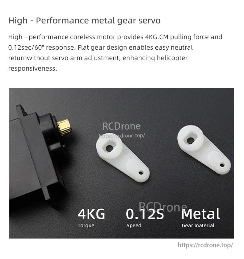 Flywing EC‑135 Scale RC Helicopter, High-performance metal gear servo offers 4KG torque and 0.12S speed, enhancing helicopter responsiveness with durable metal gears.