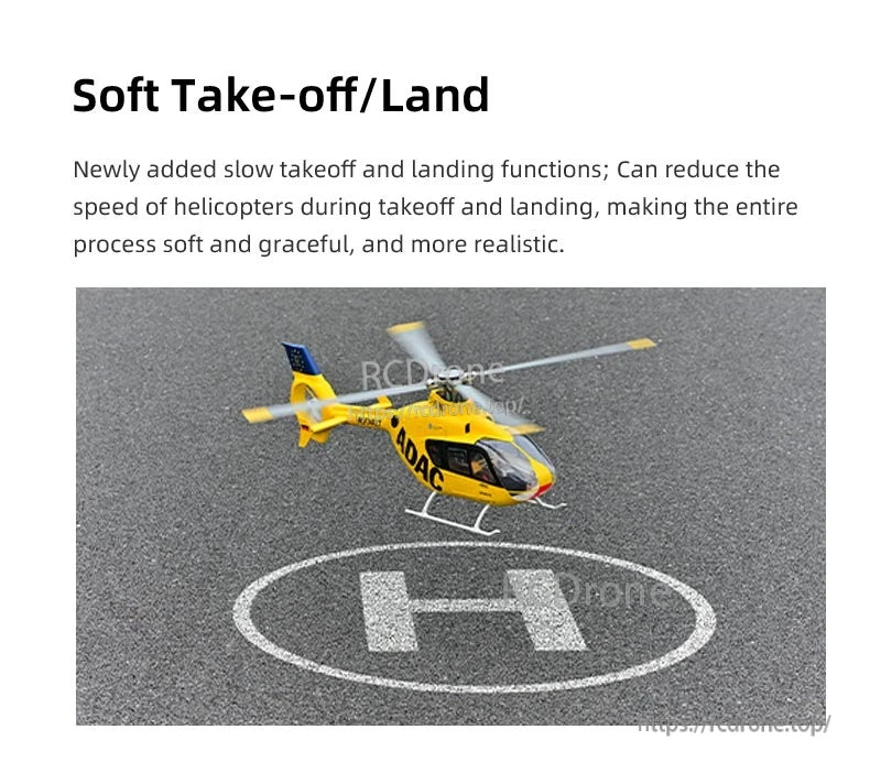 Flywing EC‑135 Scale RC Helicopter, Soft takeoff and landing for realistic, graceful helicopter flight experience.