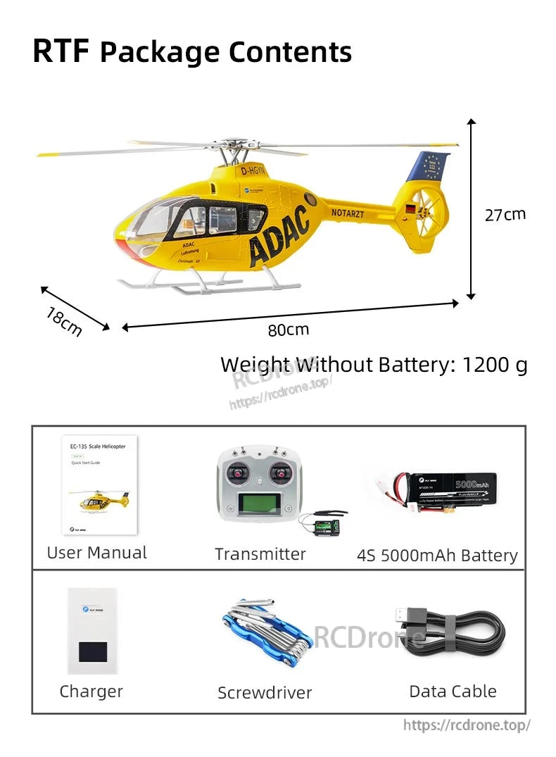 Flywing EC‑135 Scale RC Helicopter, RTF package includes EC-135 helicopter, transmitter, 5000mAh battery, charger, tools, and manual. Dimensions: 80×18×27cm; weight: 1200g (without battery).
