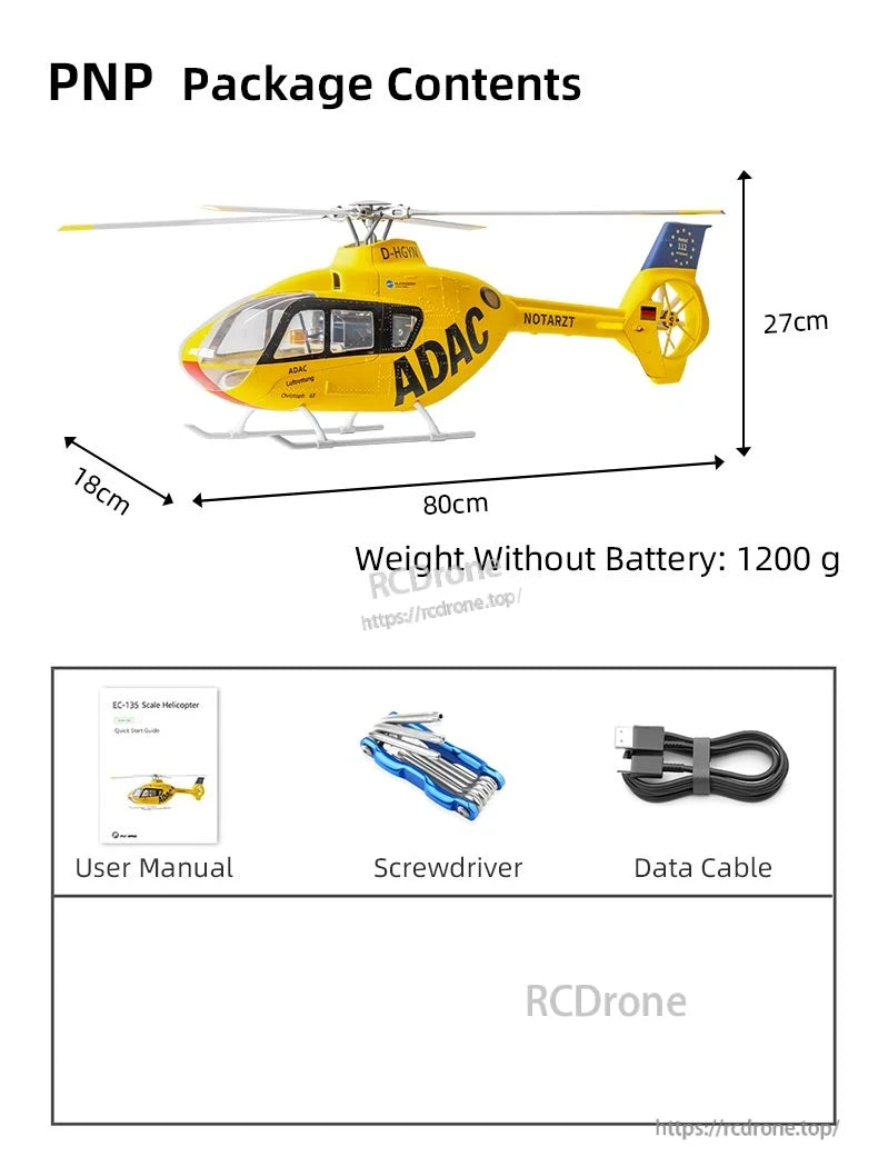 Flywing EC‑135 Scale RC Helicopter, The PNP package includes an EC-135 scale helicopter, manual, screwdriver, and data cable. Dimensions: 80x18x27cm. Weight: 1200g (without battery).