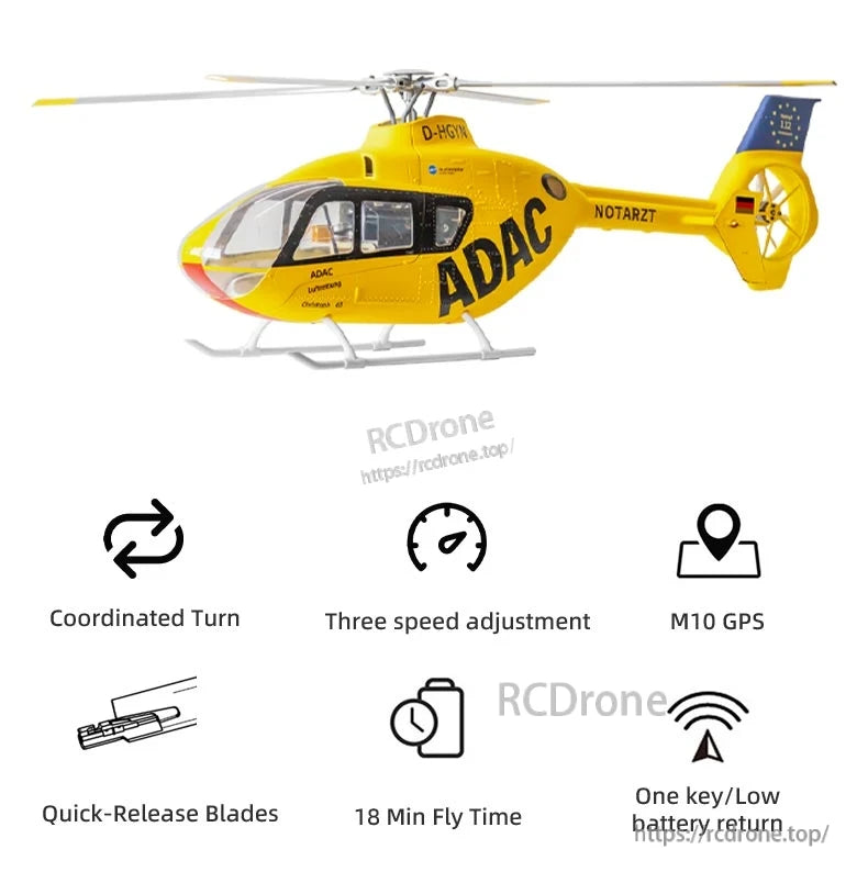 Flywing EC‑135 Scale RC Helicopter, ADAC rescue helicopter features GPS, 18-minute flight, three-speed settings, quick-release blades, and one-key return for efficient operations.