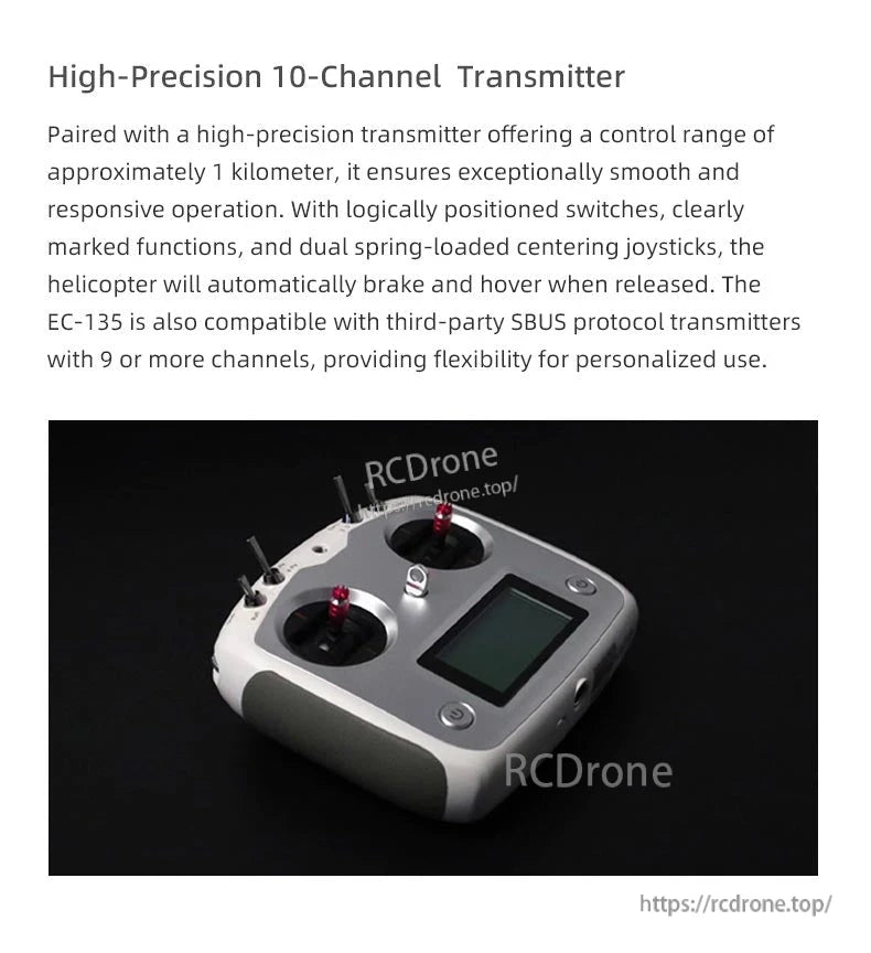 Flywing EC‑135 Scale RC Helicopter, 10-channel transmitter with 1km range, intuitive controls, auto-hover, and SBUS compatibility for smooth, customizable drone operation.
