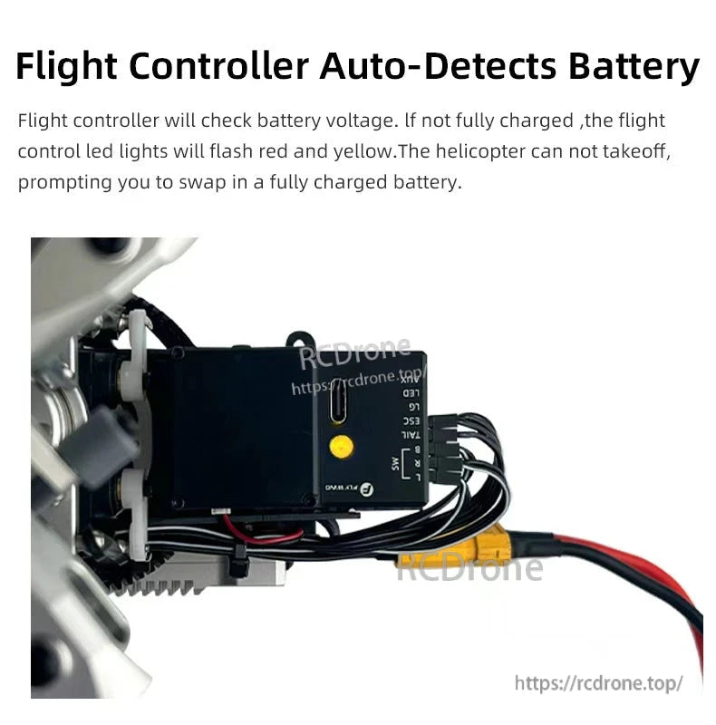 Flywing EC‑135 Scale RC Helicopter, The flight controller detects battery voltage; low charge causes LED warnings and blocks takeoff until a fully charged battery is installed.
