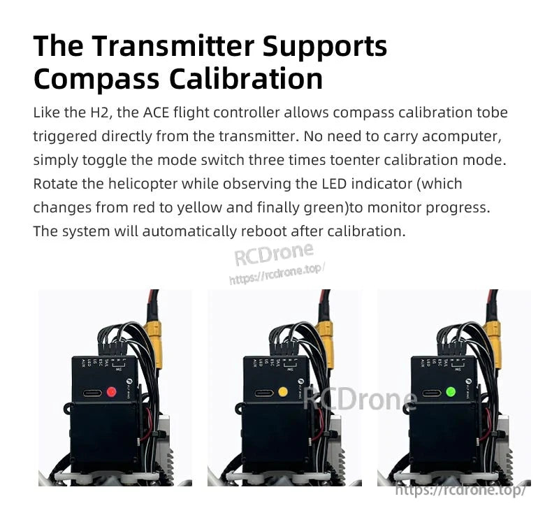 Flywing EC‑135 Scale RC Helicopter, Calibrate compass via ACE controller: toggle mode switch thrice, rotate helicopter, watch LED (red→yellow→green); system reboots automatically.