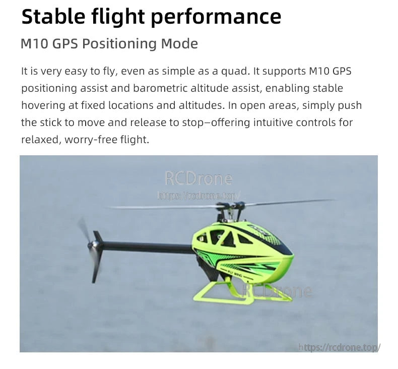 Flywing FW450L V3 RC Helicopter, M10 uses GPS and barometric data for stable hover, precise control, and effortless flying in open spaces. (17 words)