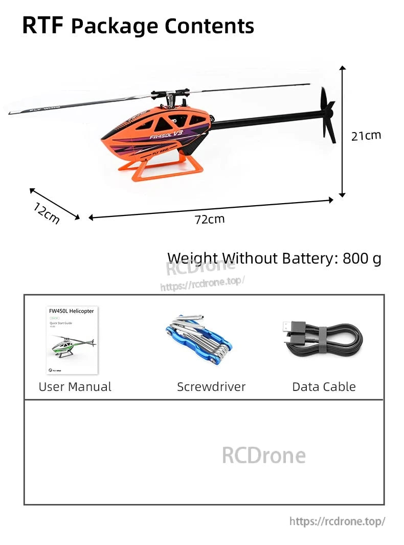 Flywing FW450L V3 RC helicopter, 72cm long, weighs 800g, includes manual, screwdriver, and data cable.