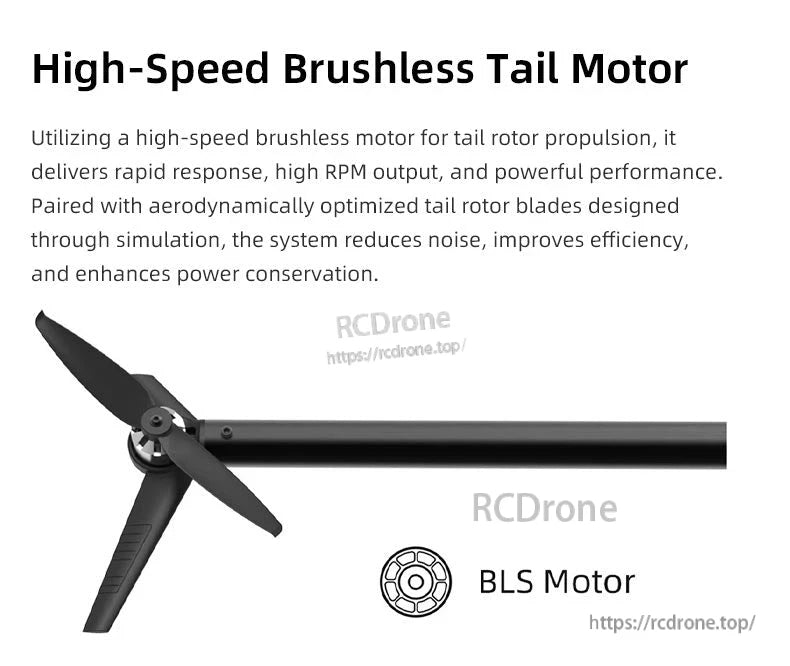 Flywing FW450L V3 RC Helicopter, High-speed brushless tail motor with optimized blades for rapid response, high RPM, low noise, improved efficiency, and power conservation. BLS Motor. (24 words)