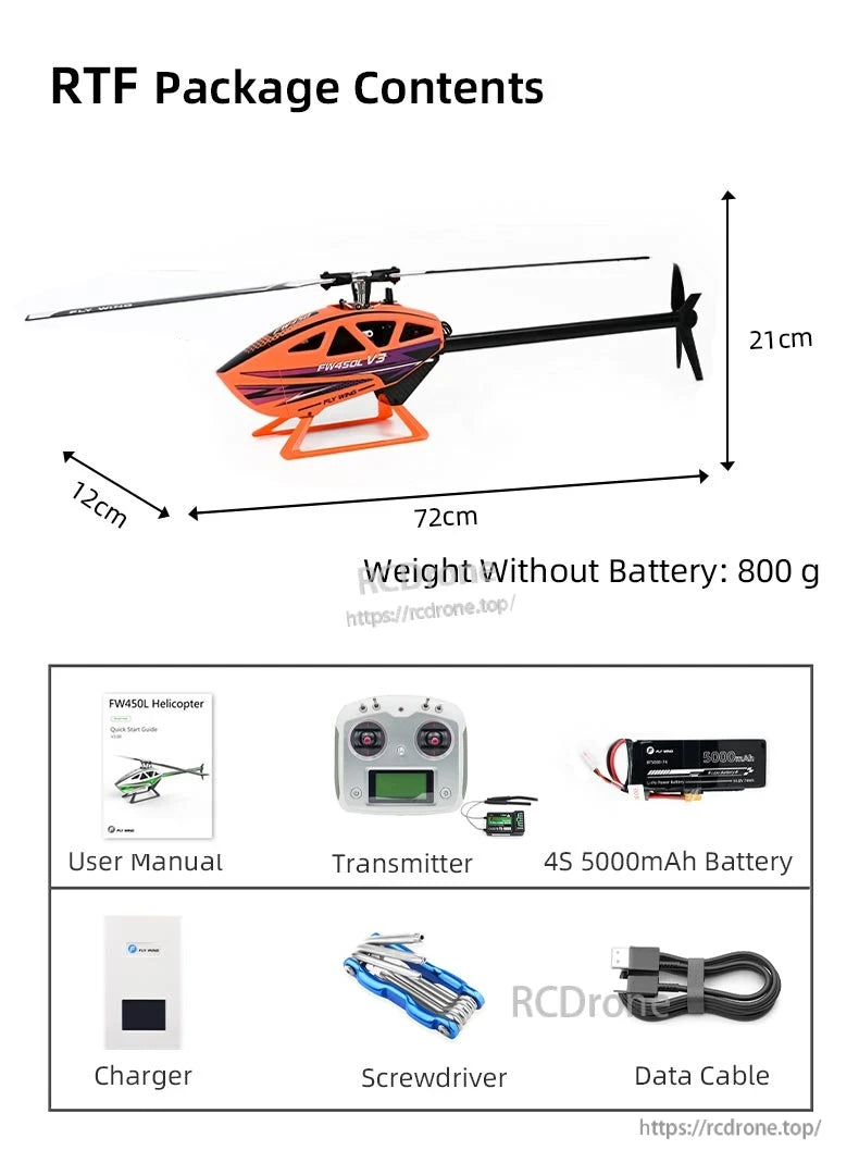 Flywing FW450L V3 RC Helicopter, RTF package: FW450L V3 helicopter, transmitter, 4S 5000mAh battery, charger, tools, manual. Size: 72x12x21cm; weight: 800g (without battery).