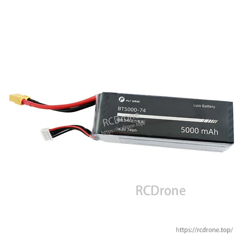 Flywing FW450L V3 RC Helicopter, Flywing BT5000-74 LiPo battery: 5000 mAh, 14.8V, 74Wh, featuring yellow and white connectors for drone use.