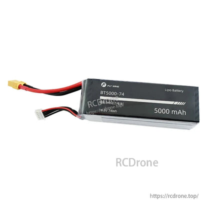 Flywing FW450L V3 RC Helicopter, Flywing BT5000-74 LiPo battery: 5000 mAh, 14.8V, 74Wh, featuring yellow and white connectors for drone use.