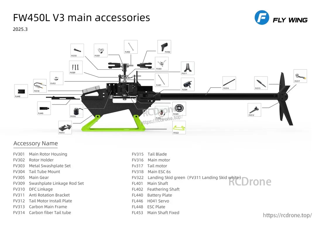 Flywing FW450L V3 RC Helicopter, Flywing FW450L V3 RC helicopter accessories include rotor housing, tail blade, motor, ESC, skid, and carbon frame, with part numbers for easy assembly.