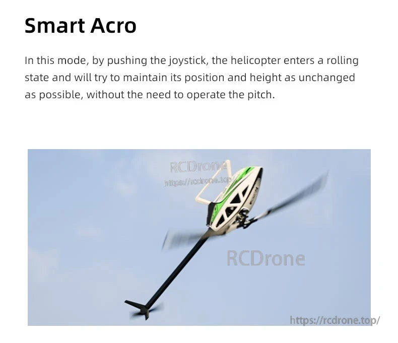 Flywing FW450L V3 RC Helicopter, Smart Acro mode maintains position and height during rolls without pitch control.
