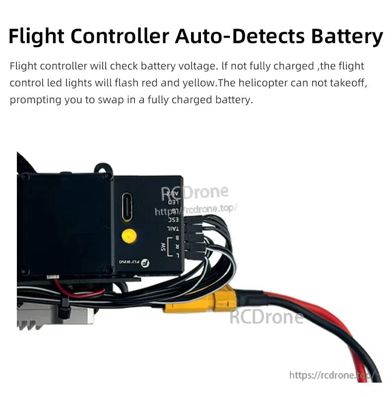 Flywing FW450L V3 RC Helicopter, The flight controller detects low battery voltage, triggers LED warnings, and blocks takeoff until a fully charged battery is installed.
