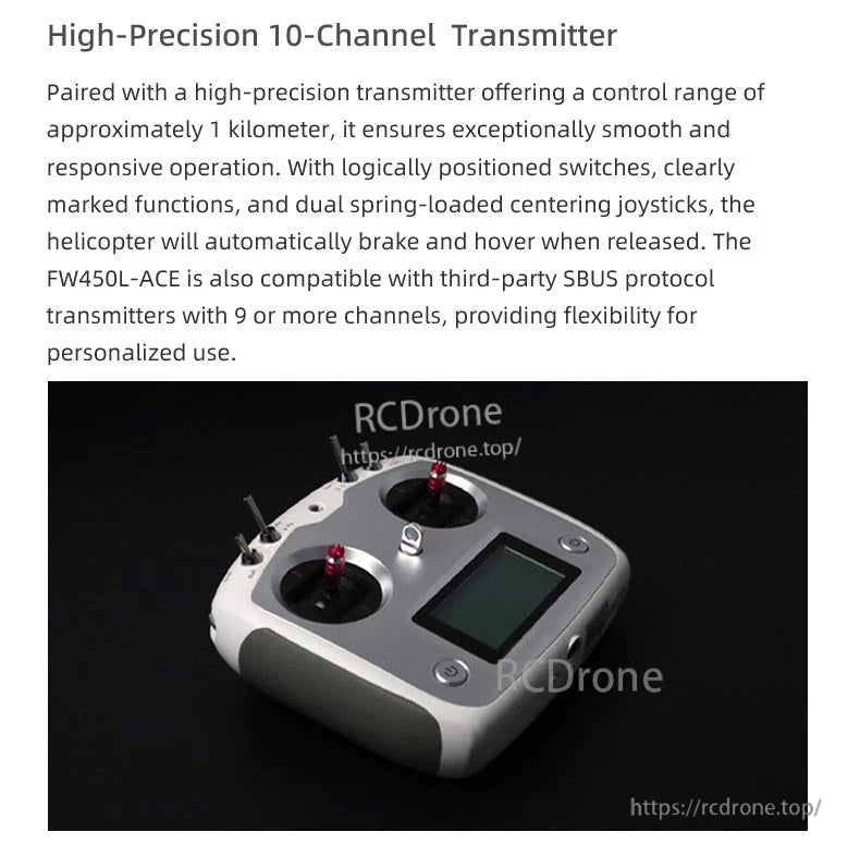 Flywing FW450L V3 RC Helicopter, High-Precision 10-Channel Transmitter offers smooth operation with a control range of approximately one kilometer and features like logically positioned switches.