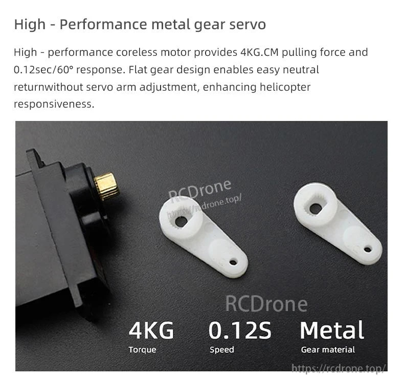 Flywing FW450L V3 RC Helicopter, High-performance metal gear servo with 4KG torque, 0.12S speed, and coreless motor for improved helicopter responsiveness and precision.