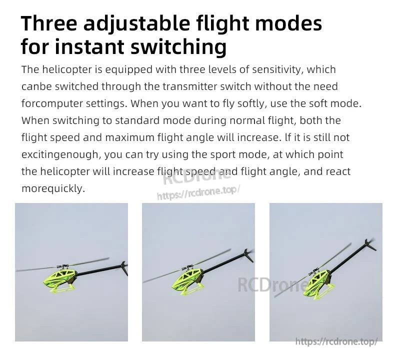 Flywing FW450L V3 RC Helicopter, The Flywing FW450L V3 offers three adjustable flight modes—soft, standard, and sport—for seamless, skill-level-appropriate control via transmitter, enhancing adaptability and flying experience.