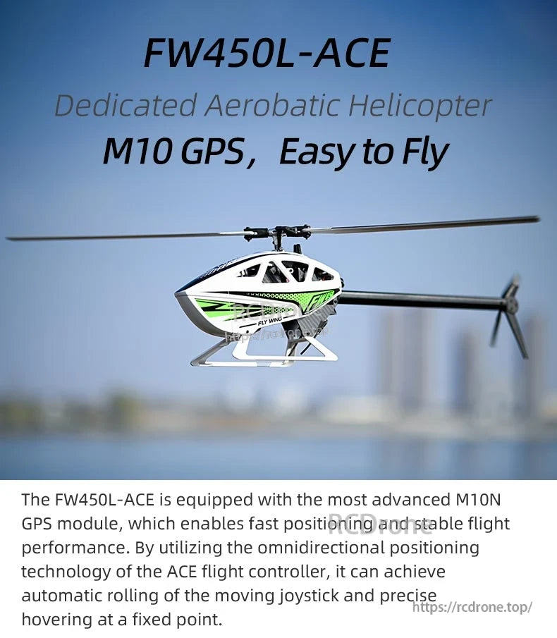 Flywing FW450L V3 RC Helicopter, The FW450L aerobatic helicopter with M10 GPS offers stable flight, quick positioning, and automatic rolls via the ACE controller for easy, precise flying. (24 words)