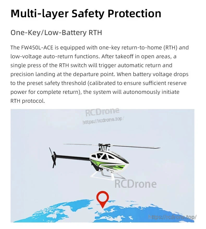 Flywing FW450L V3 RC Helicopter, The FW450L-ACE RC helicopter features one-key return-to-home and low-voltage auto-return for enhanced safety, ensuring reliable, secure flights in open areas.