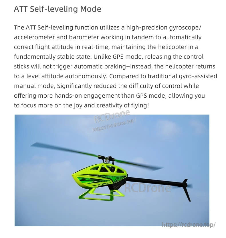 Flywing FW450L V3 RC Helicopter, ATT Self-leveling Mode uses sensors for automatic stabilization, making flying easier than manual and more engaging than GPS mode.
