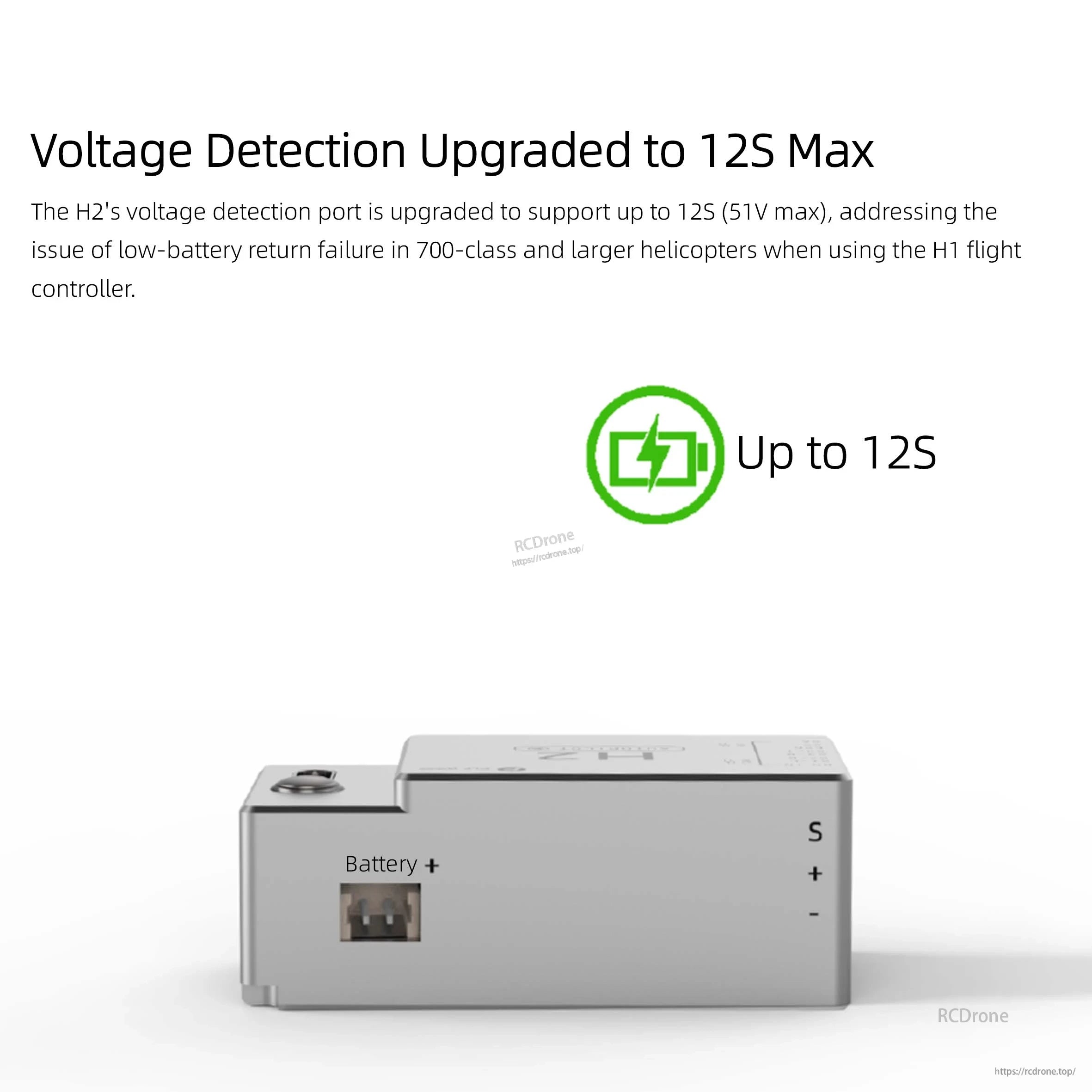 Flywing H2 FBL Gyro, Upgraded to 12S max (51V) voltage detection, fixes low-battery return issues in large helicopters, includes battery port and S+/- terminals.