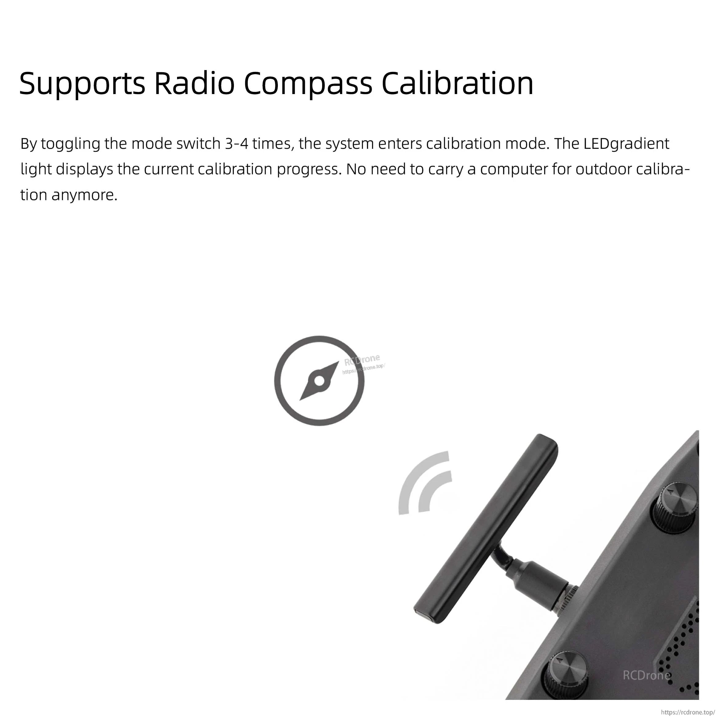 Flywing H2 FBL Gyro, The device supports radio compass calibration through a toggle switch and LED display, requiring 3-4 switches for calibration.