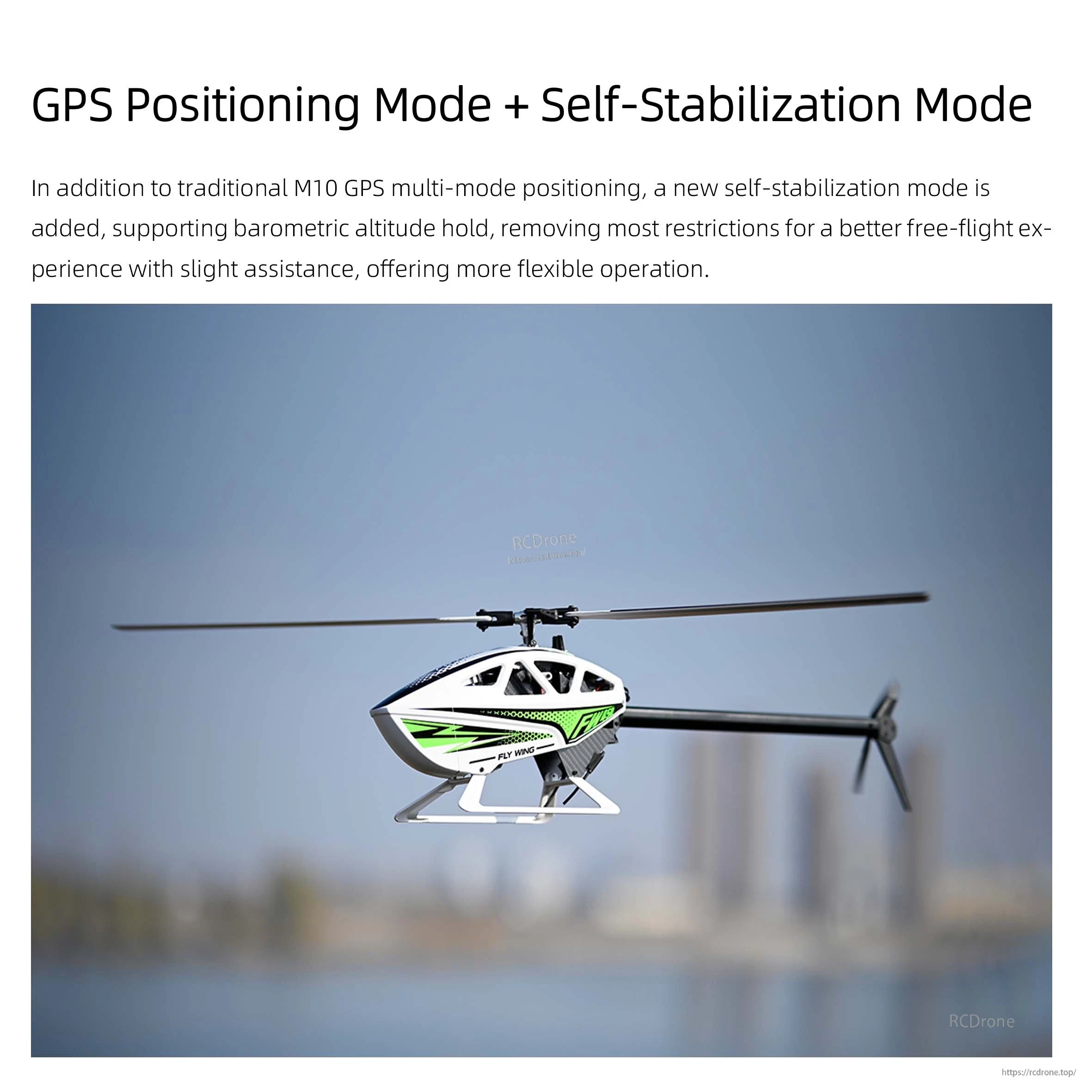 Flywing H2 FBL Gyro, GPS and self-stabilization modes with barometric altitude hold enable stable, flexible flight with minimal assistance.