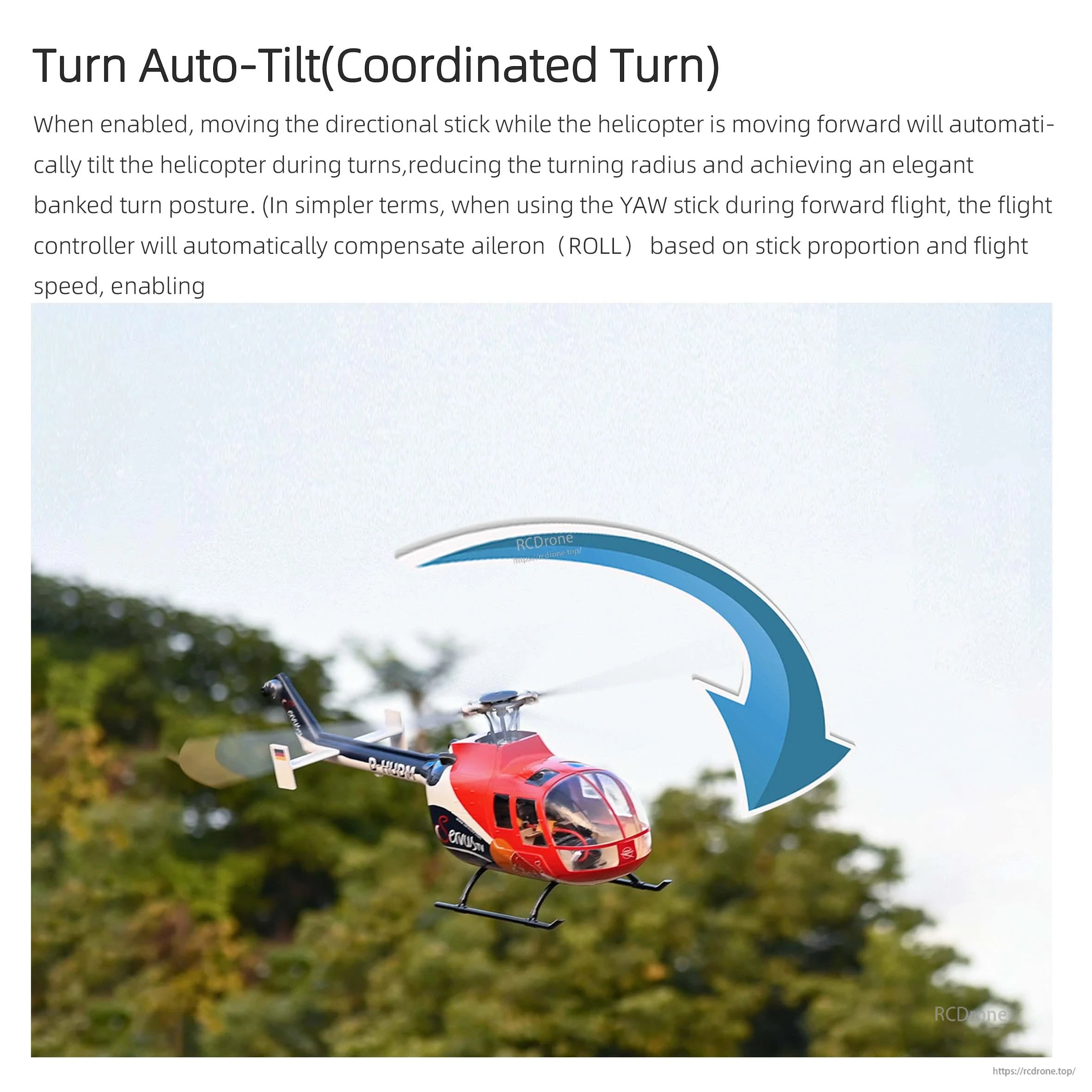 Flywing H2 FBL Gyro, Auto-Tilt reduces turn radius and improves banked flight by automatically tilting the helicopter; the controller adjusts aileron roll based on stick input and speed for smoother maneuvers.