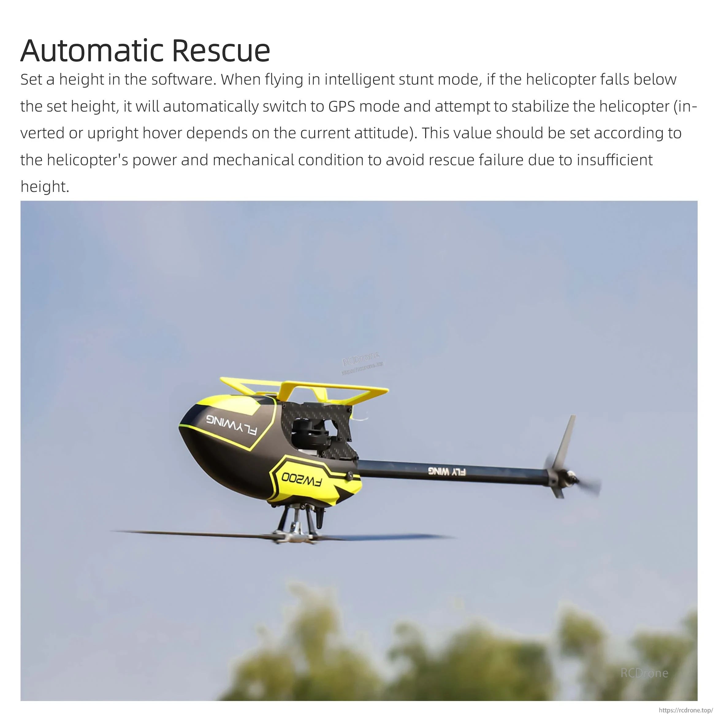 Flywing H2 FBL Gyro, When flying in intelligent stunt mode, if the helicopter falls below the set height, it switches to GPS mode to stabilize.