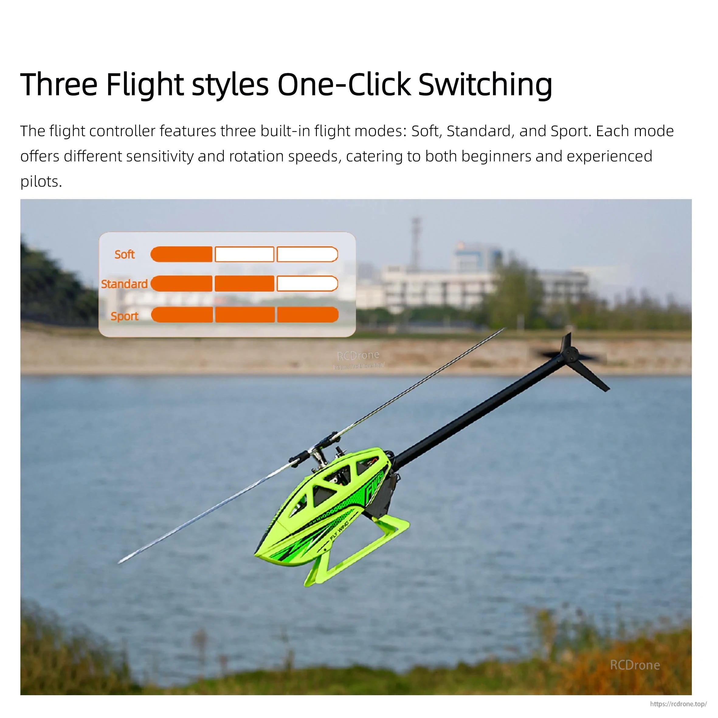Flywing H2 FBL Gyro, One-click flight style switching with soft standard sport mode offering varying sensitivity and speed for beginners and pros.