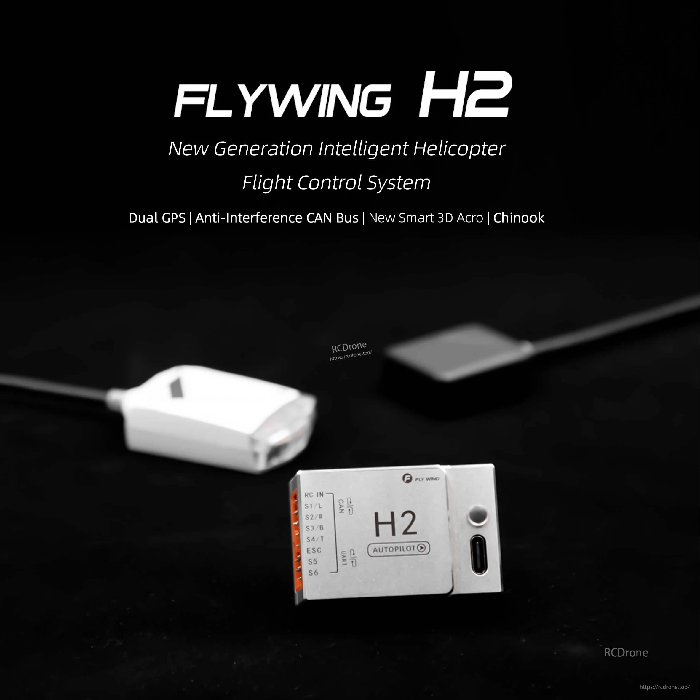 Flywing H2 FBL Gyro, Intelligent helicopter flight control system with dual GPS and CAN bus tech for precise aerial navigation.