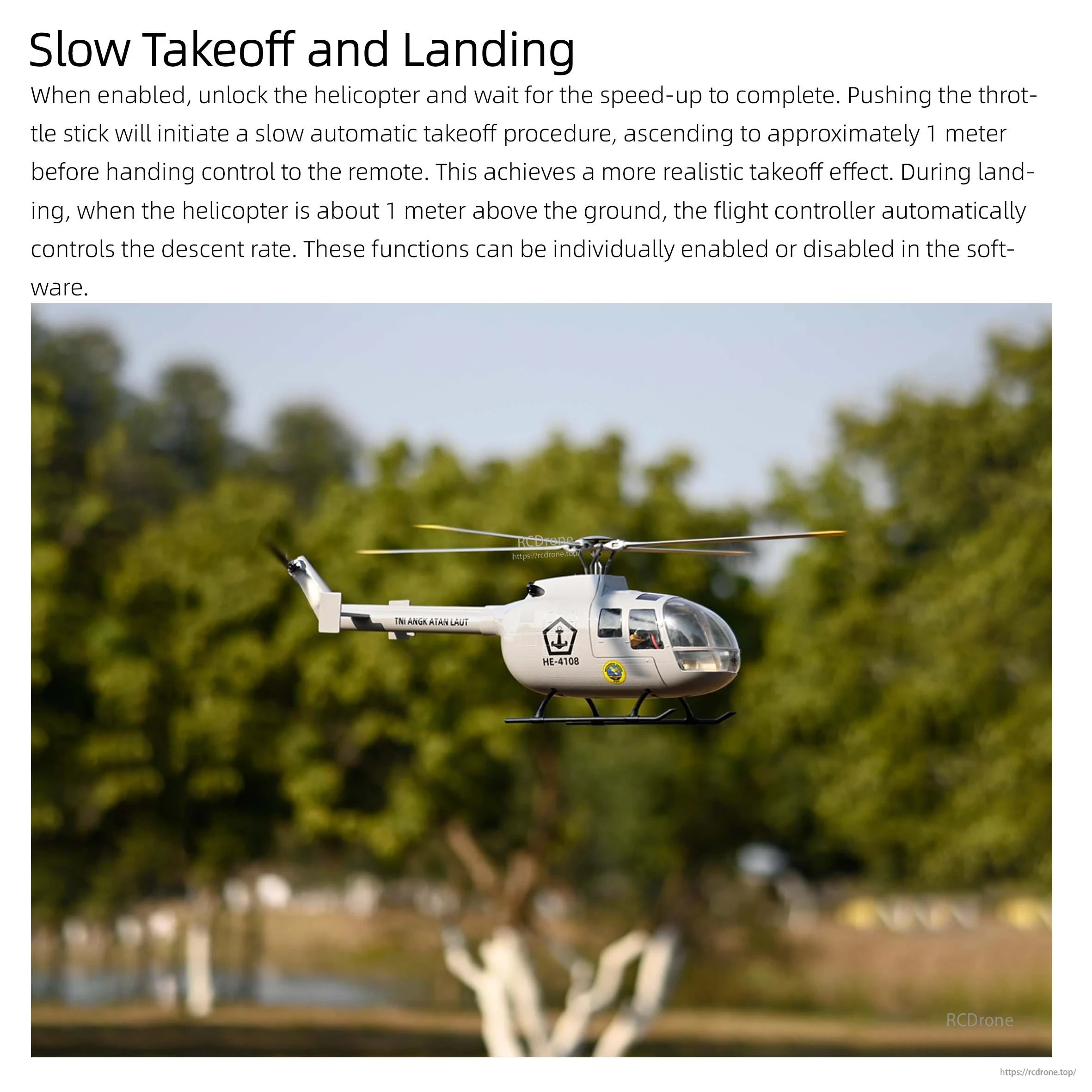 The Flywing H2 FBL Gyro enables automatic 1-meter takeoff, controlled landing, and adjustable flight settings for realistic performance.