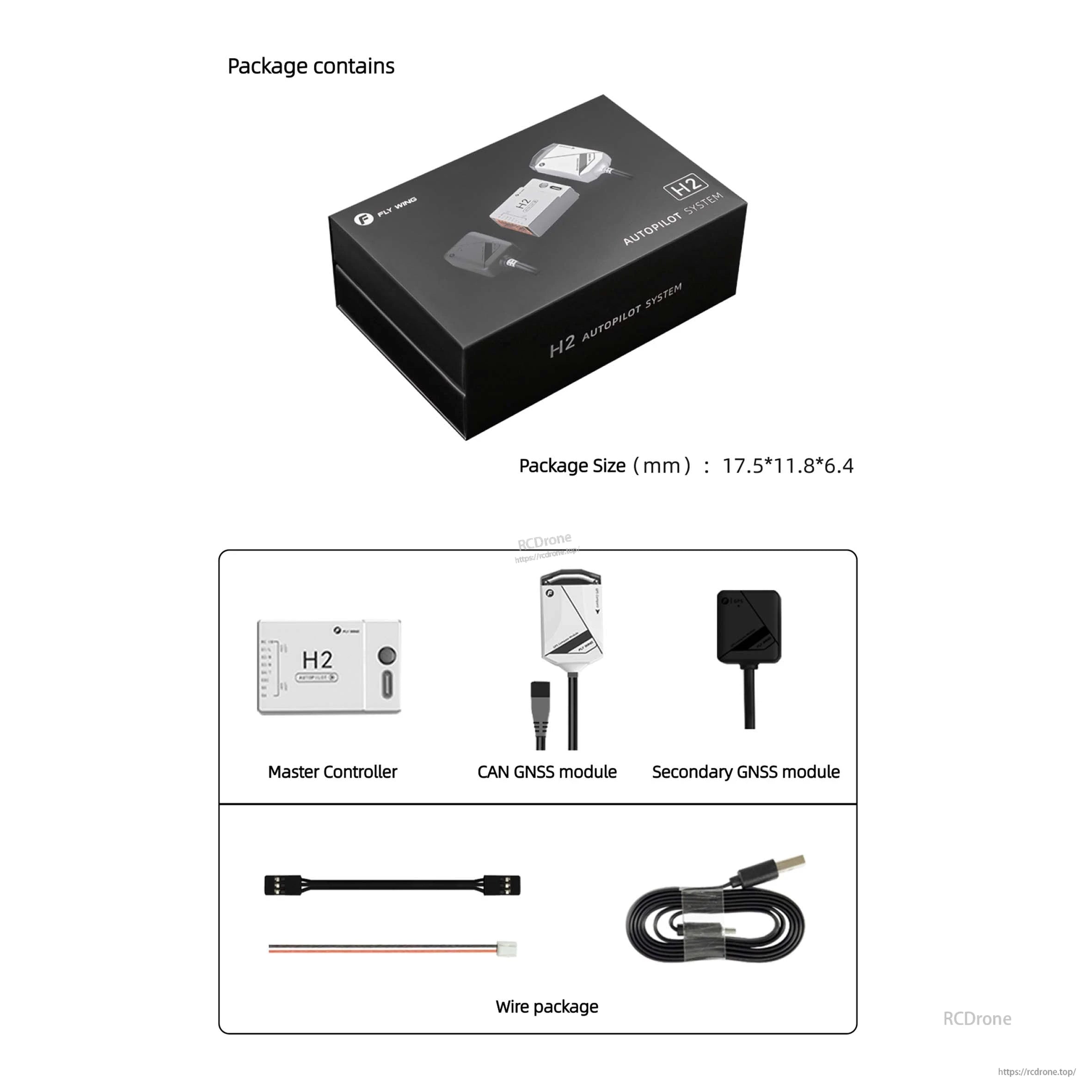 Flywing H2 FBL Gyro, Flywing H2 Autopilot System features a master controller, CAN and secondary GNSS modules, and wiring package for integrated drone control.