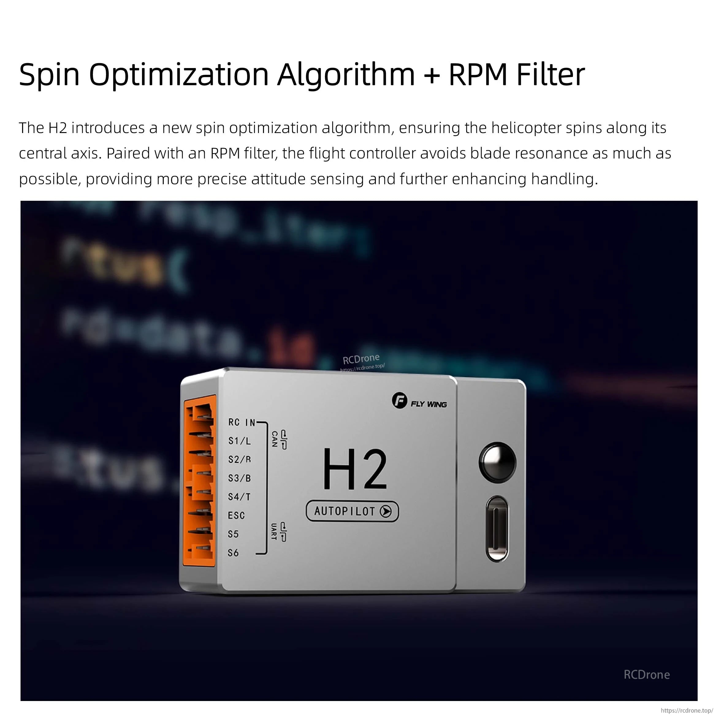 Flywing H2 FBL Gyro, Spin optimization and RPM filter enhance stability and precision. Labeled ports, CAN/UART support, USB-C, button, "H2," and "AUTOPILOT" indicator. Blurred code background emphasizes technical design.