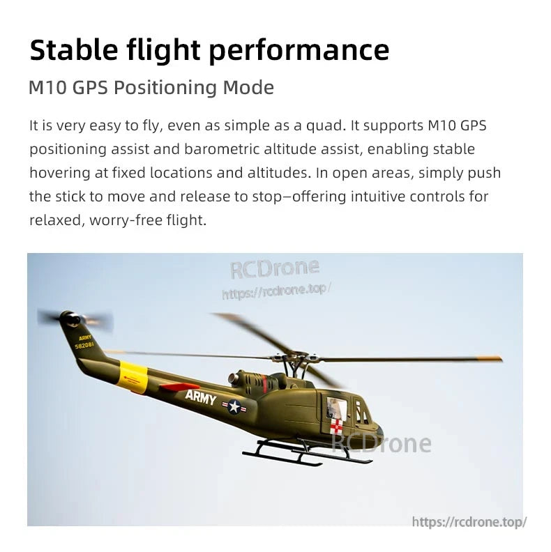 Flywing UH-1 Huey V4 RC Helicopter, The M10 uses GPS and barometric sensors for stable flight, precise hovering, and easy controls in a military-style RC helicopter.