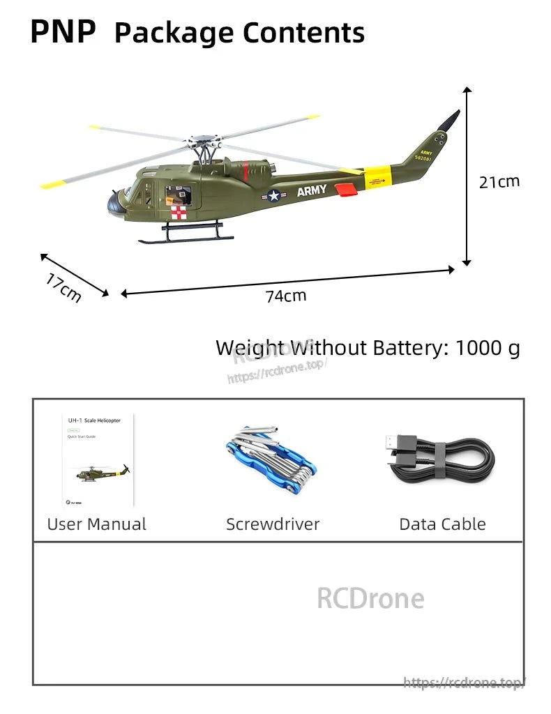 Flywing UH-1 Huey V4 RC Helicopter, PNP package includes UH-1 scale helicopter, manual, screwdriver, and data cable; dimensions 74x21x17cm, weighs 1000g without battery.