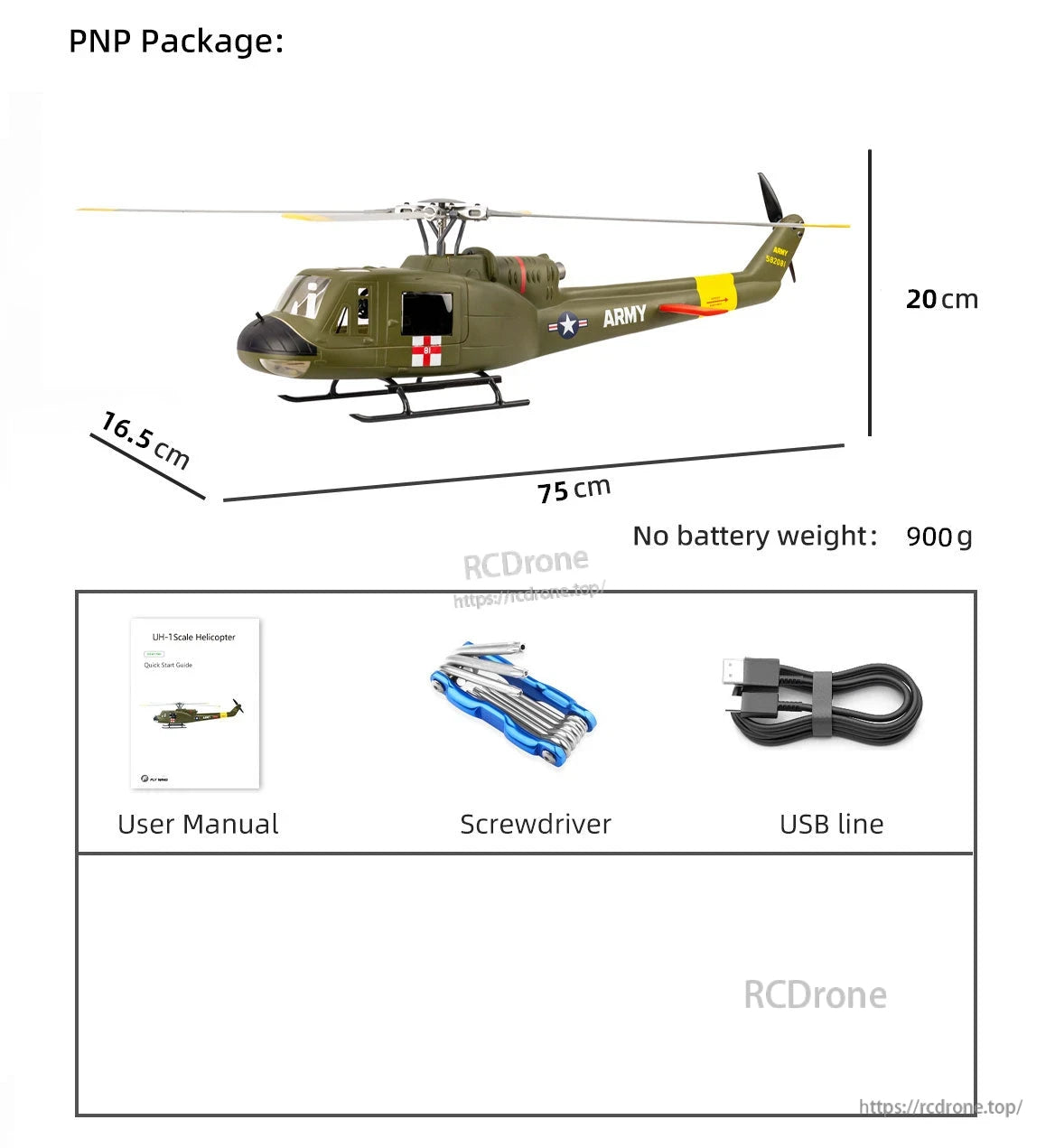 Flywing UH-1 Huey V4 RC Helicopter, UH-1 scale helicopter, 75x20 cm, 900g, includes manual, screwdriver, USB. PNP with accessories.